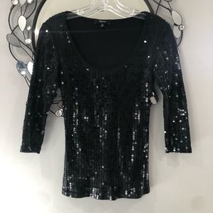 EXPRESS Sequin sparkle Black Scoop Neck 3/4 Sleeve Stretchy Womens blouse/ Top D